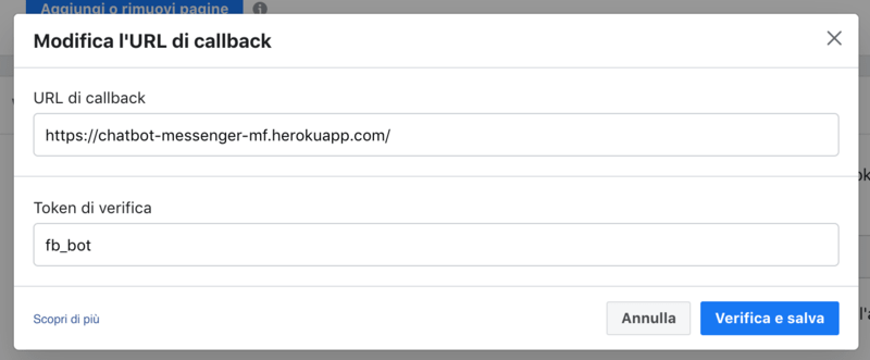 Aggiungere URL callback e token di verifica Facebook app