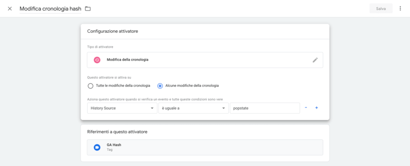 Attivatore modifica cronologia hash per Google Analytics su Google Tag Manager