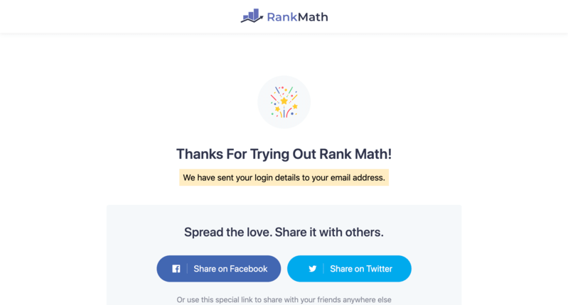 Creazione di account Rank Math completato