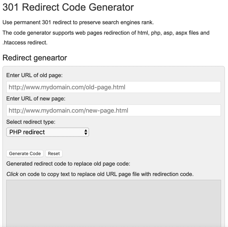 Genera codice per reindirizzamenti 301
