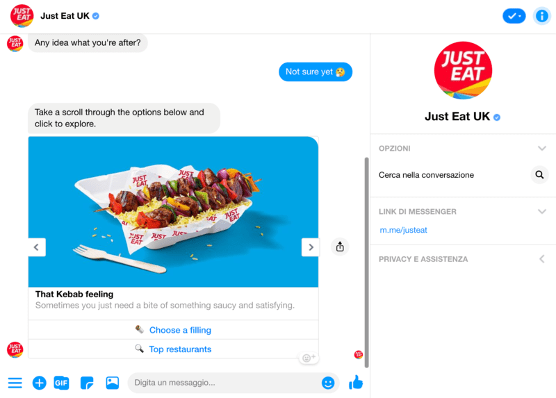 Interagire con il chatbot Messenger di Just Eat