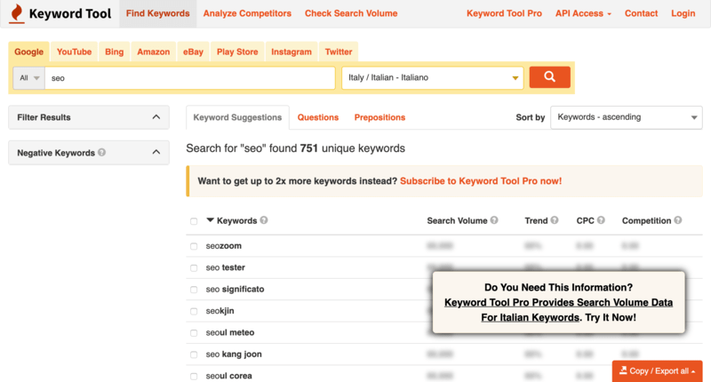 Keyword research su KeywordTool.io
