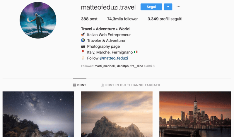 Profilo Instagram di @matteofeduzi.travel