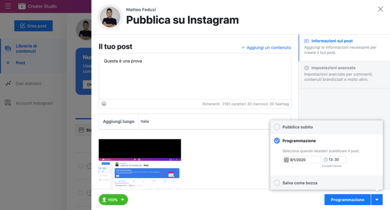 Programmazione di un post su Instagram con Creator Studio