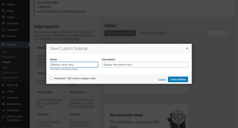 Registrare una nuova sidebar su WordPress con il plugin Custom Sidebars