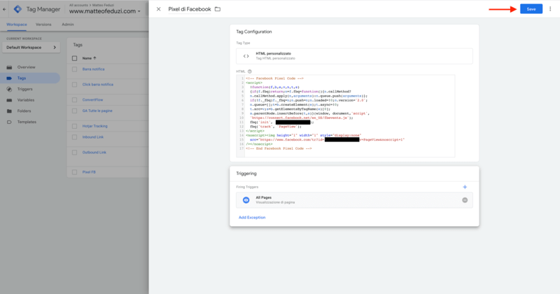 Salvare il nuovo tag per il pixel di Facebook su Google Tag Manager