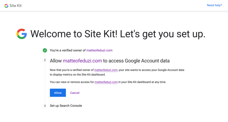 Secondo step della configurazione di Site Kit di Google